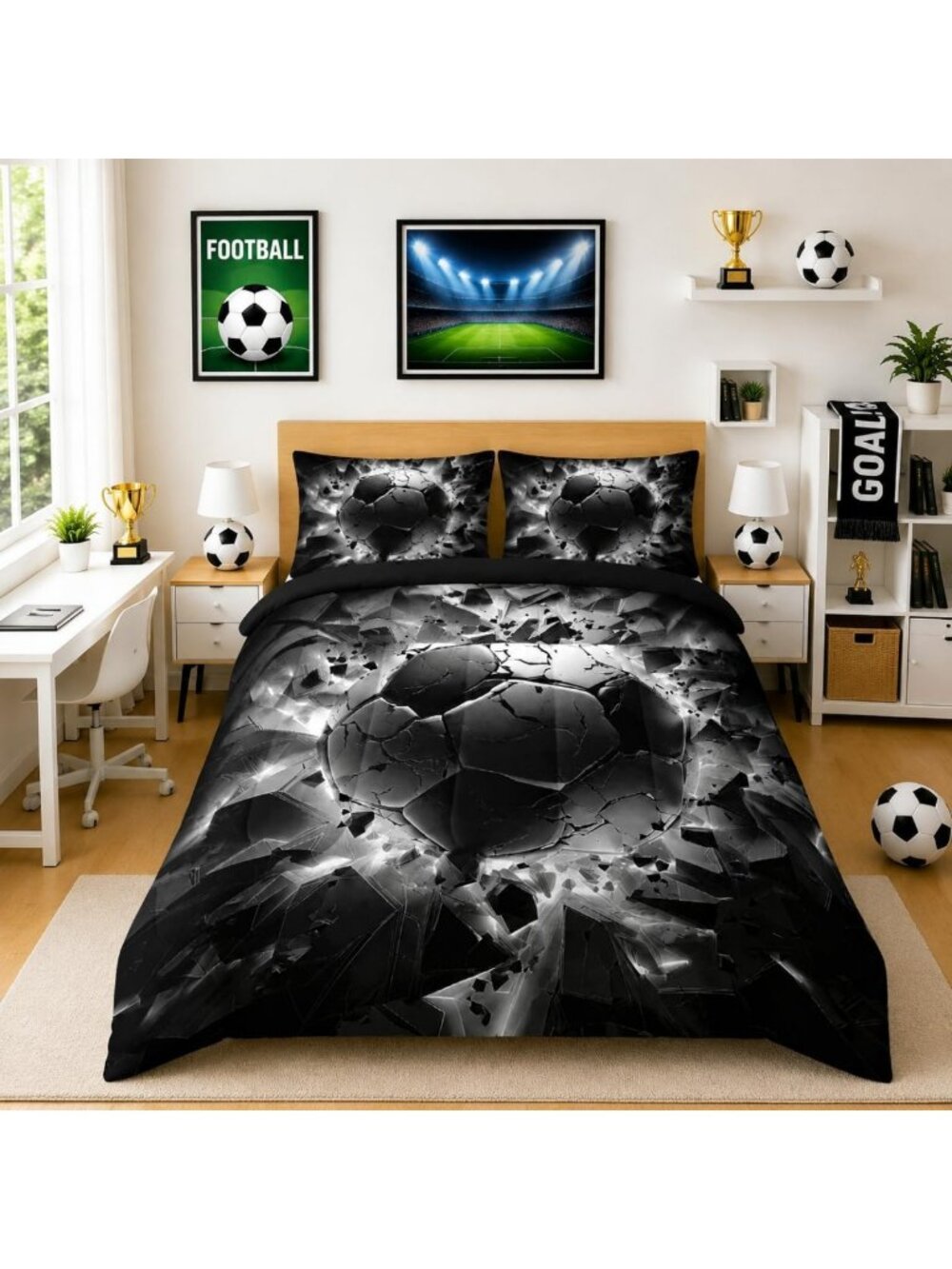 Soccer Comforter Set Full Size for Kids & Teens, Black & White Football Bedding